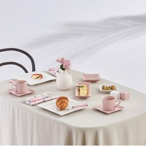 Karaca Trend Emboss Porselein 32 stuks 6 personen ontbijt/servies set roze - complete set voor 6 personen met serviesborden, theekopjes, schoteltjes, porseleinen lepels, kraanborden, schalen
