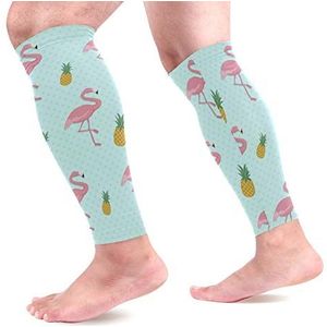EZIOLY Roze flamingo tropische ananas sport kalf compressie mouwen been compressie sokken kuitbeschermer voor hardlopen, fietsen, moederschap, reizen, verpleegkundigen
