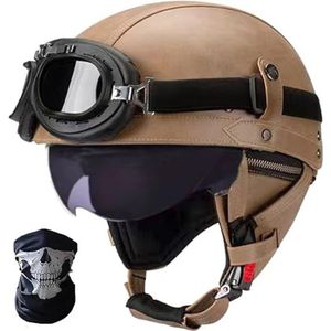 Duitse leren motorhelmen, halve schaalhelm met DOT/ECE, retro jethelm, scooterhelm, chopperhelm, fietshelm, met zonneklep en snelsluitingen open helm P,L=59-60CM