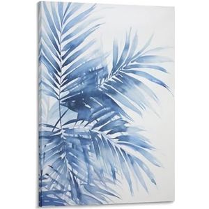 EPEDIC Minimalistisch modern blad canvas muurkunst prints tropische blauwe moderne plant abstract schilderij kunst poster ingelijst kunstwerk voor thuis slaapkamer woonkamer kantoor muur decor