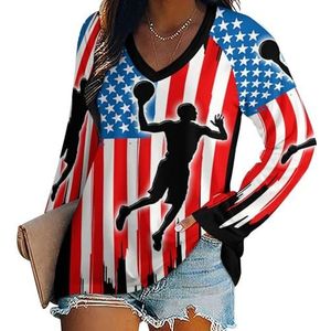 Amerikaanse vlag basketbal dames V-hals shirt lange mouwen tops casual losse pasvorm blouses