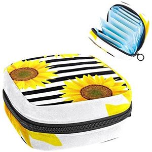 Maandverband Opbergtas,Draagbare maandverband Opbergzak,Geel Zonnebloem Zwart Wit Streep, Meerkleurig, 4.7x6.6x6.6 in/12x17x17 cm
