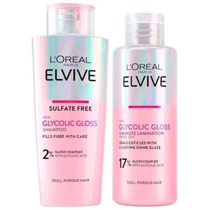 L'Oréal Paris Elvive Glycolic Gloss Shampoo met Glycolzuur Voor Poreus en Dof Haar 200ml + 5 Minuten Lamineringsbehandeling Sluit de Haarschubben en Zorg Voor Een Intense Glans 200ml - 2 Flessen