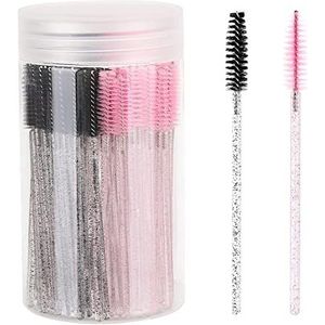 100 stuks wimperborstel, mascara-toverstaf, make-up applicators kits voor wimperverlengingen, wenkbrauwborstel met container (roze, zwart)