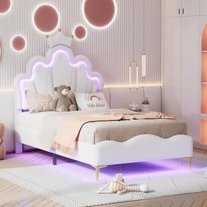BXEYXE 90 x 200 cm plat tweepersoonsbed, kroonvormig prinsessenbed, zachte bekleding van PU-leer, verstelbare led-omgevingslichtstrip, wit