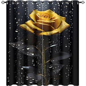 AEMYSKA Mooie gele rozen verduisterende gordijnen voor woonkamer waterdruppels vintage bloemen raambehandeling thermisch geïsoleerde gordijnen voor slaapkamer 55x63 inch print doorvoertule gordijn