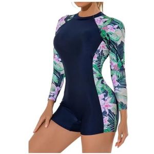 Damesbadpak met lange mouwen, met ritssluiting, surfen, bloemenpatroon, zonwering (roze, L)