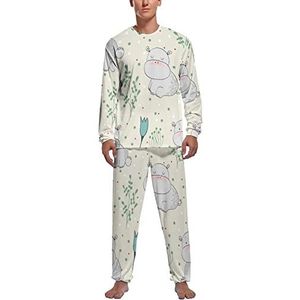 Nijlpaarden Bloem Zachte Heren Pyjama Set Comfortabele Lange Mouw Loungewear Top En Broek Geschenken 2XL