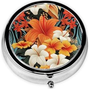Pillendoosje met spiegel, retro pillendoosje met 3 vakken, bloemen en Hawaiiaanse tribale patronen, kleine pillenorganizer voor portemonnee of zak, decoratieve metalen medicijn-vitamineorganizer