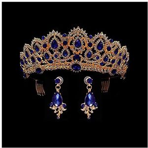 Strass Kroon Dames bruiloft kroon tiara koningin hoofdband for bruiden verjaardag diadeem met oorbellen barokke hoofdband haar sieraden ornament Koningin Kroon (Style : Blue)