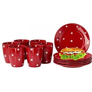 Van Well Emily 12-TLG. Ontbijtservies voor 6 personen, rood + witte stippen, ontbijtborden + koffiebeker, aardewerk servies set