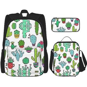 SUHNGE Llama Alpaca Cactus Print Travel Backpack3 stuks Set, Lichtgewicht Waterbestendig Boekentas, Lunch Tas, Potlood Case, Mooi sappig, Eén maat