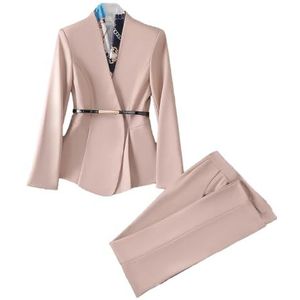 Elegante vrouwen broek pak kantoor V-hals ruches jas blazer en broek werkkleding formele 2-delige set, Abrikoos 2-delige set, 3XL