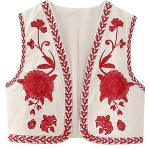 Vrouwen Vintage Geborduurd Bloemenvest Top Y2k Mouwloos Open Voorkant Crop Vest Boho Bloemenvest Jas(Color:Red,Size:Large)