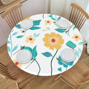 Groene bladeren en gele bloemen patroon rond tafelkleed, waterdicht en afveegbaar met elastische randen, geschikt voor het decoreren van ronde tafels.