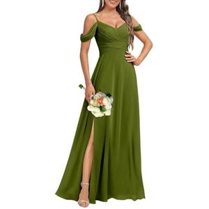 HPPEE Dames koude schouder V-hals chiffon bruidsmeisjes jurken met split geplooide formele jurk avondjurk, Olijfgroen, 32