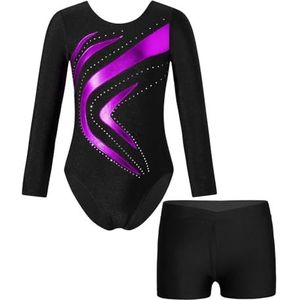 GSJNHY Gymnastiekshirt voor meisjes, patchwork-shirt, lange mouwen, balletpak voor meisjes, artistiek skatepak voor meisjes, Paars, 10