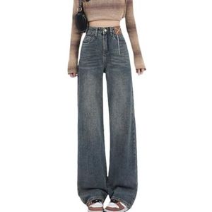 HHuiXinXue Dames wijde pijpen jeans hoge taille contrast kleur pocket baggy jeans Y2K streetwear boyfriend jeans broek, Blauw, L
