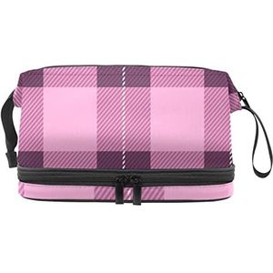 Multifunctionele opslag reizen cosmetische tas met handvat,Tartan Plaid roze patroon,Grote capaciteit reizen cosmetische tas, Meerkleurig, 27x15x14 cm/10.6x5.9x5.5 in