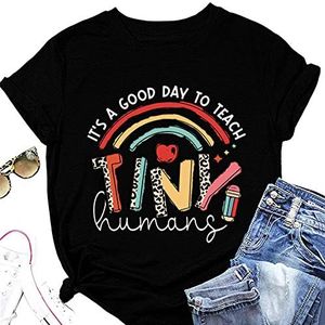 It's A Good Day to Teach Tiny Humans T-Shirt Vrouwen Zomer Leuke Regenboog Apple Potlood Print Tees Leraren Dag Gift Tops, Zwart, XXL