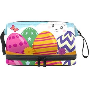 Grote capaciteit reizen cosmetische tas,Flat-Happy-Pasen-dag-achtergrond (1), make-up tas,Waterdichte make-up tas organisator, Meerkleurig, 27x15x14 cm/10.6x5.9x5.5 in