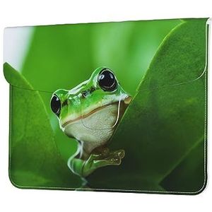 Groene Kikker de Bladeren Print Lederen Laptop Sleeve Case Waterdichte Computer Cover Tas Voor Vrouwen Mannen
