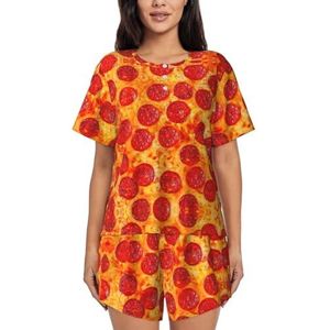 3d Pizza Pepperoni Print Womens Zomer Zachte Tweedelige Bijpassende Outfits Korte Mouw Pyjama Lounge Pyjama Sets, Zwart, XL