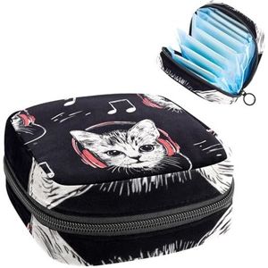 Leuke kitten luisteren naar muziek maandverband opbergtas grote menstruatie cup zakje met rits, menstruatie pads tas winkel panty voeringen tampons voor meisjes vrouwen