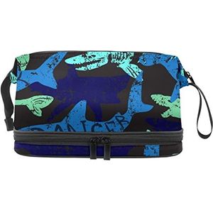 Dubbellaags Cosmetische Tas Grunge Haaien Draagbare Make-up Tas Reizen Organizer Pouch Voor Vrouwen Meisjes Toiletries Tassen, Meerkleurig, 27x15x14 cm/10.6x5.9x5.5 in, Make-up zakje