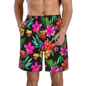 Groene Palmboom Bladeren Roze Print Heren Zwemplank Shorts Zwembroek Trunks Badmode Sneldrogende Surfen Strand Essentiële Zomer, Hawaïaanse Bloem, M