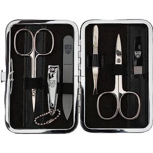 DREI SCHWERTER - Germany 6-delige manicureset 'Genova' | Nagelverzorgingsset in zwart kunstlederen etui | Inhoud: nagelschaar, nagelschaar, nagelknipper, glazen nagelvijl, pincet, saffier nagelvijl