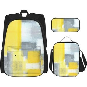 MDATT Kawaii rugzak met lunchbox set 3-in-1 etui bundel bijpassende combo, grijs en geel abstract kunst schilderij, Grijze en gele abstracte kunst schilderen, Eén maat
