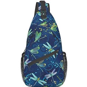 Evealyn Blauwe Dragonfly Gedrukt Messenger Bag Borst Bag Schoudertas, Voor Running Walking Reizen, Zwart, One Size, Sling Rugzakken