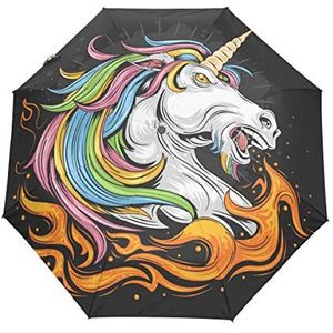 Regenboog brand eenhoorn paard automatische opvouwbare paraplu UV-bescherming automatisch open sluiten vouwen winddicht zonblokkering voor reizen strand vrouwen kinderen