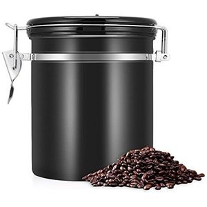Luchtdichte koffiecontainer, 1,5 l roestvrijstalen koffiebonen opslagcontainer voor gemalen koffie kan luchtdichte glazen voor koffie, thee, noten, poeder (zwart)