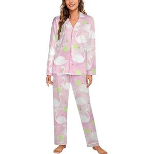 Witte Zwaan in Roze Sweet River Pyjama Sets Met Lange Mouwen Voor Vrouwen Klassieke Nachtkleding Nachtkleding Zachte Pjs Lounge Sets