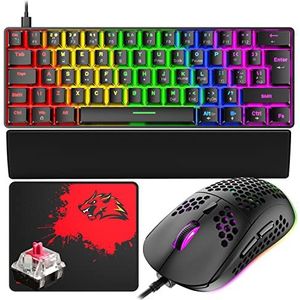 T60 Bekabeld Gamingtoetsenbord en Muisset, Mini 60% Compact Mechanisch Toetsenbord met 62 toetsen, 19 Regenboog-LED-Verlichting + 6400 DPI Gamingmuis + Wrist Rest + Muismat - Rode Schakelaar/Zwart