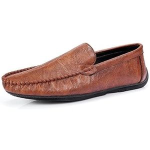 Heren loafers schoen veganistisch leer stiksels details schort teen rijden loafers antislip lichtgewicht platte hak mode instapper (Color : Brown, Size : 44 EU)