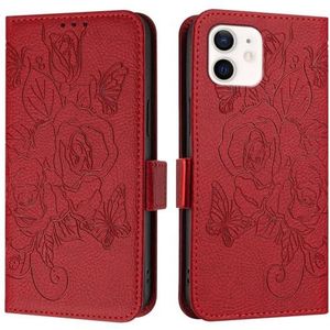 Telefoonschermbescherming Compatibel met iPhone 12 Pro-hoesje, portemonneehoesje, slanke PU-leren telefoonhoesje, schokbestendige beschermhoes met kaarthouders + polsbandje telefoon accessoire(Rosso)