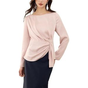 ROUZIHU Chiffon Shirt Top Commuting Pullover Onregelmatig Klein Shirt Lange Mouw Dames Slim Shirt(Pink,XXL)