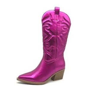 Lmtossey Cowboylaarzen voor dames, met rits, geborduurde puntige neus, blokhak, halfhoge westernlaarzen, glanzende schoenen, Rosé, 40 EU