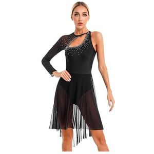 LNNXSZ Dames Mouwloos Lyrische Dans Kostuum Womens Single Mesh Lange Mouw Lyrische Dans Jurk Strass Gymnastiek Turnpakje Ballroom Hedendaagse Kunstschaatsen Kostuum, Zwart, XL