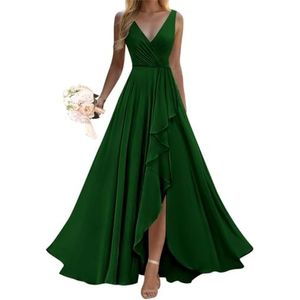 SAMHO Jurken voor dames, V-hals, bruidsmeisjes, met split, lange ruches, formele jurk voor bruiloft, Emerald Groen, 54