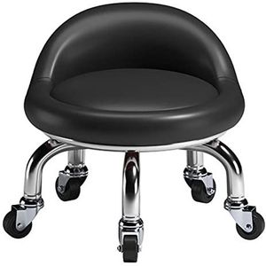 KUANGGE Lage Rolling Kruk Met Wielen Lederen Roller Seat Wiel Kruk Stoel Ronde Roller Kruk Zitkussen Rugleuning met Universele Wielen A