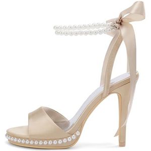 KYEGLO Dames Satijnen Parel Ronde Neus Stiletto Hoge Hak, Open Teen Sandalen Met Twee Parel Enkelbandjes - Feestelijke Trouwjurk Prom Schoenen,Champagne,36