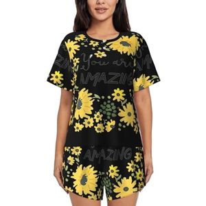 YQxwJL Wild Daisy Bloem Print Vrouwen Pyjama Sets Shorts Korte Mouw Lounge Sets Nachtkleding Casual Pjs Met Zakken, Zwart, XXL