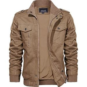 Kefitevd overgangsjack voor heren, militair jack/pilotenjack/bomberjack/fieldjack met opstaande kraag en meerdere zakken, Khaki nieuw, XXL