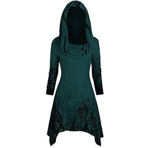 keephen Gothic Cap Hooded Jurk voor Dames - Vintage Bloemen Lange Trui met Asymmetrische Zoom Cloak Swing Jurk Avondfeest Kerstmis Halloween Jurk