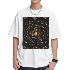 Gouden lotusbloemenprint dames katoenen T-shirts casual korte mouw tuniek tops ronde hals zomer basic losse pasvorm T-shirt, Wit, S