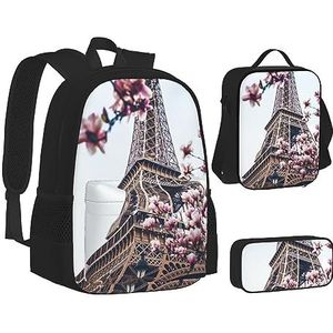 BONDIJ Eiffeltoren Parijs Rugzakken voor school met lunchbox etui, waterbestendige tas voor jongens meisjes leraar geschenken, Eiffeltoren bloesems, Eén maat
